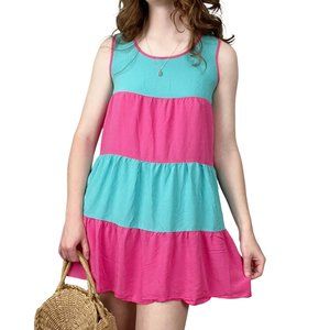 Vintage Tiered Color Block Sleeveless Mini Summer Dress Fun Casual Retro Y2K 90s